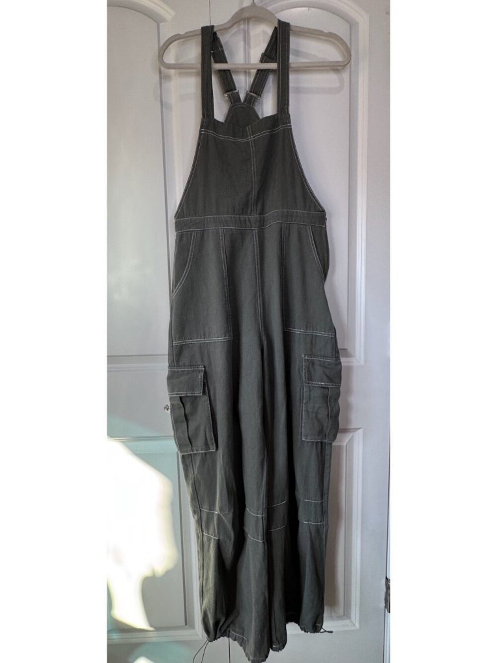 Blue Blush Barrel Leg Cargo Overalls Large Olive Green Cotton Adjustable Straps